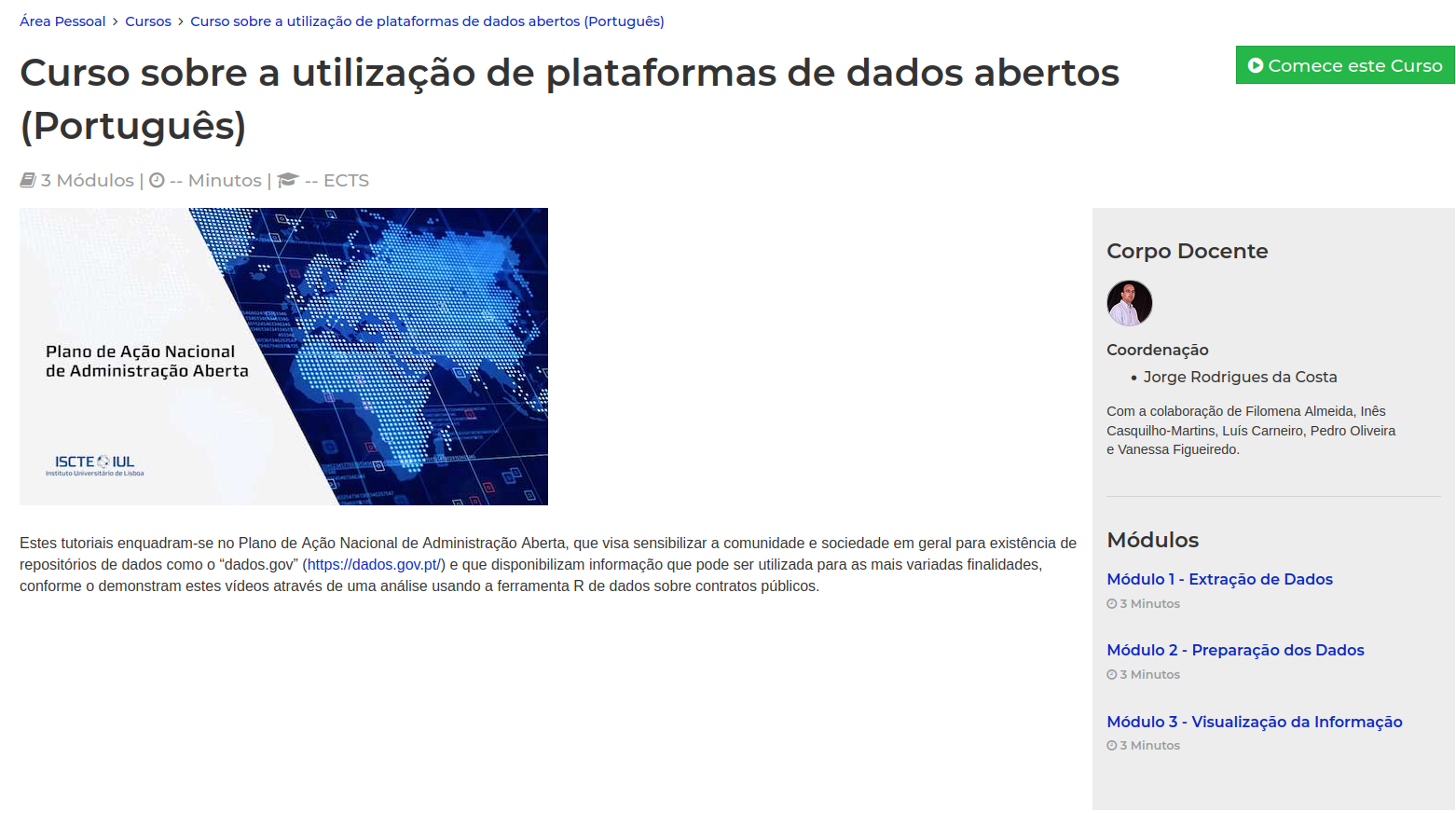 Curso gratuito sobre a utilização de plataformas de dados abertos (Português), do ISCTE